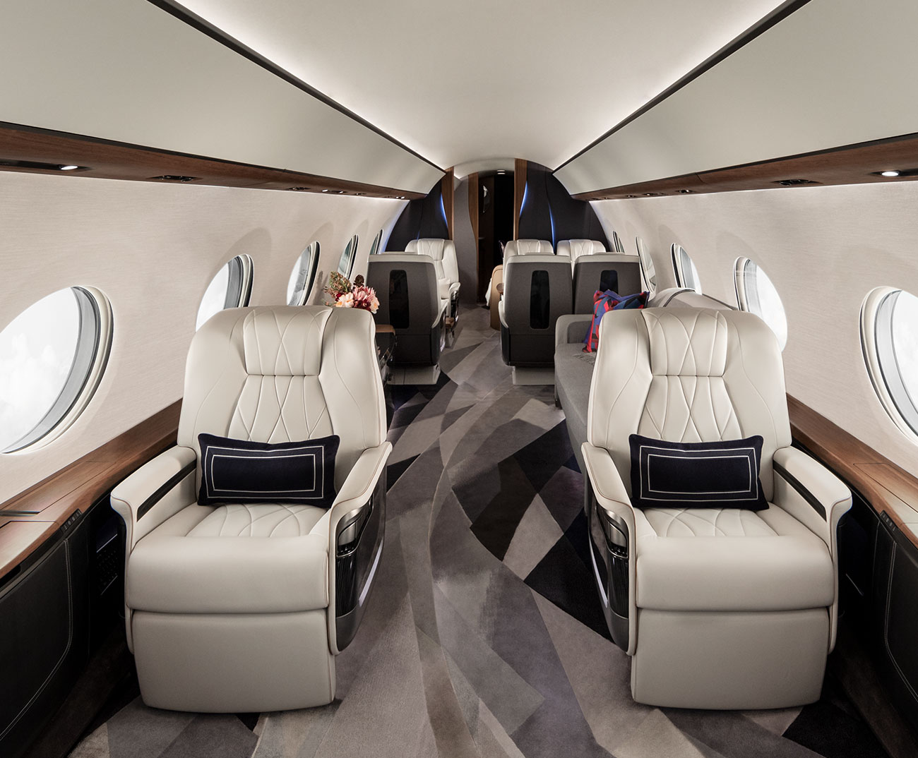 White leather seats in a private jet